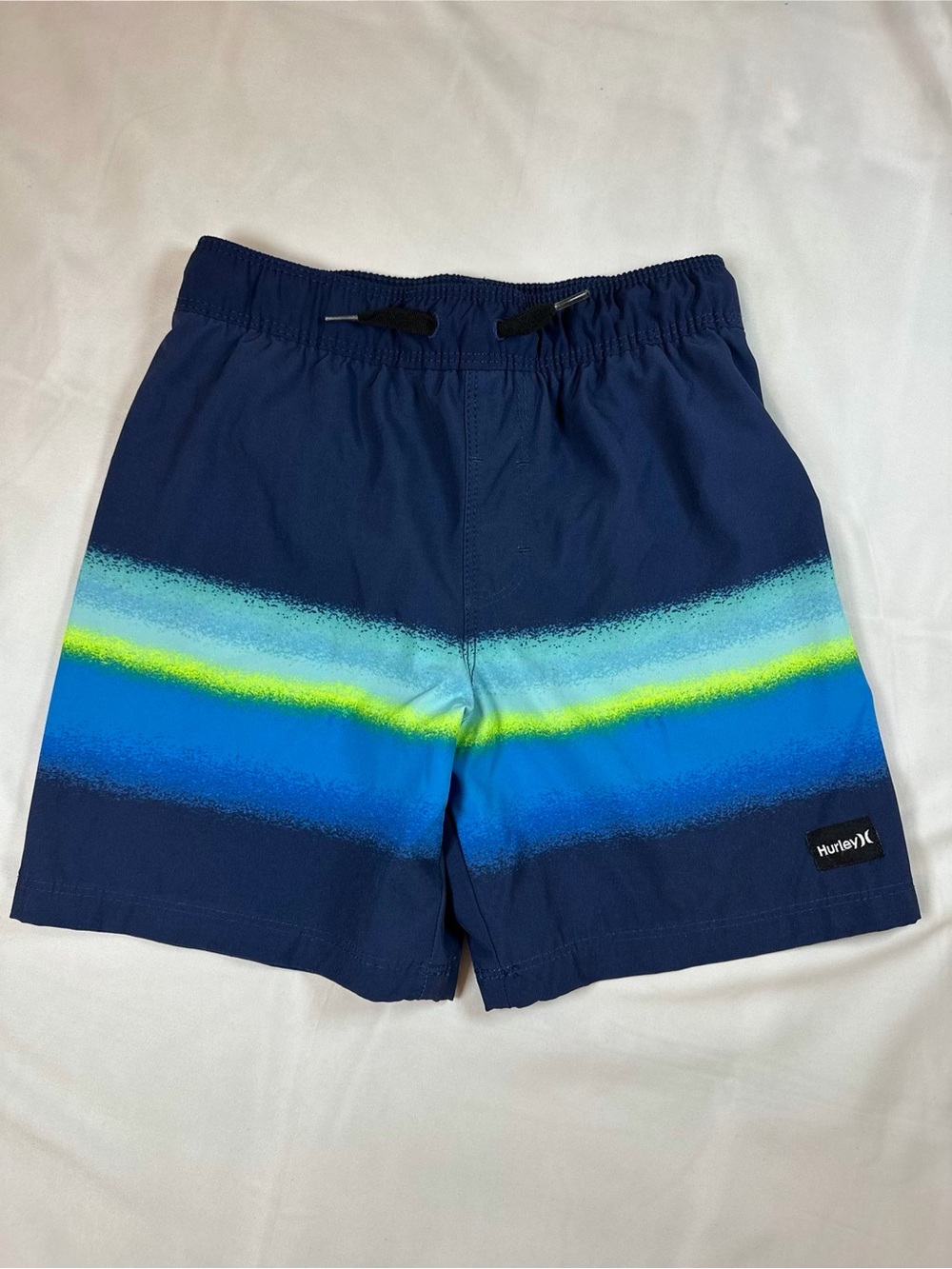 Hurley Swim Shorts Bathing Suit Boys in Navy with Blue & Lime Stripe 5/6